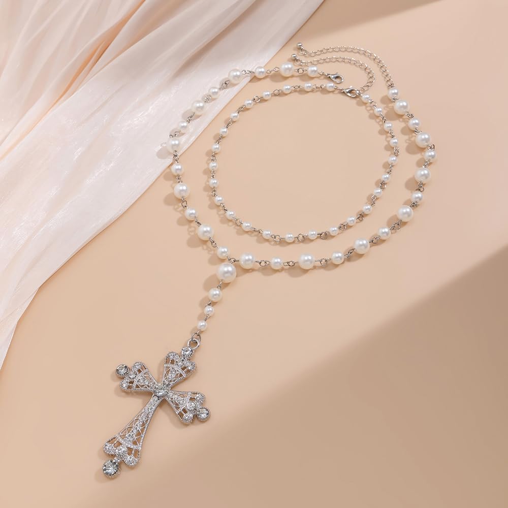 Chunky Layered Cross Pearl Pendant Necklace for Women Large Cross Crystal Beaded Choker Necklaces Adjustable Halloween Vintage Statement Jewelry - Image 6