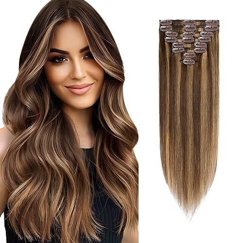 Clip in Hair Extensions Real Human Hair, 8 Pieces Hair Extensions Clip in, 10" Clip in Hair Extension Human Hair, 50g Human Hair Extensions (Thin Weft) #4P27 Medium Brown mix Natural Blonde