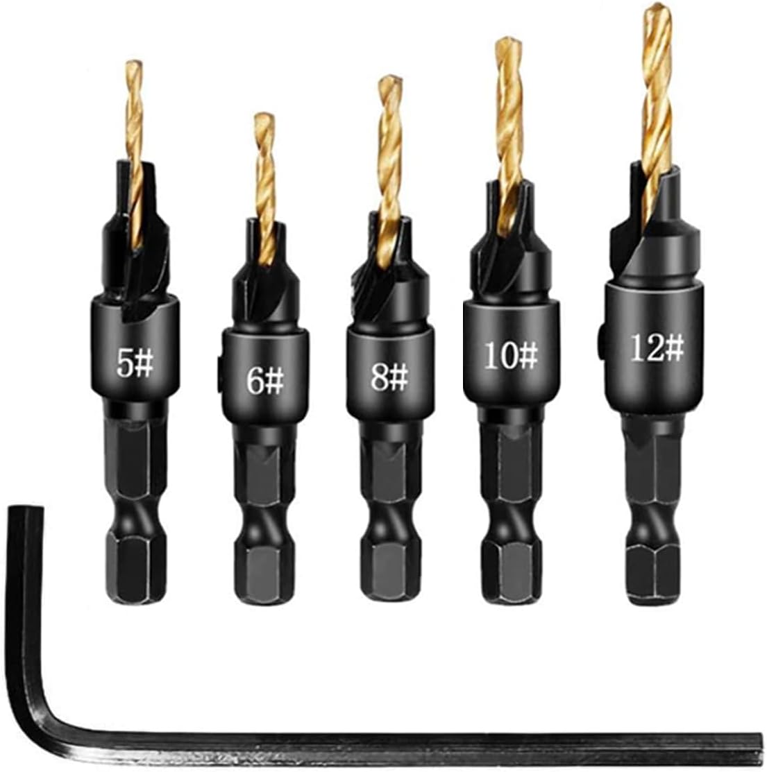 5Pcs Countersink Drill Bit Set,Titanium Plating 1/4inch Hex Shank Power Tools and HSS Quick Change Drill Bit Woodworking Chamfer Tool Adjustable for Wood Drilling,Plastic,Soft Metal,PVC