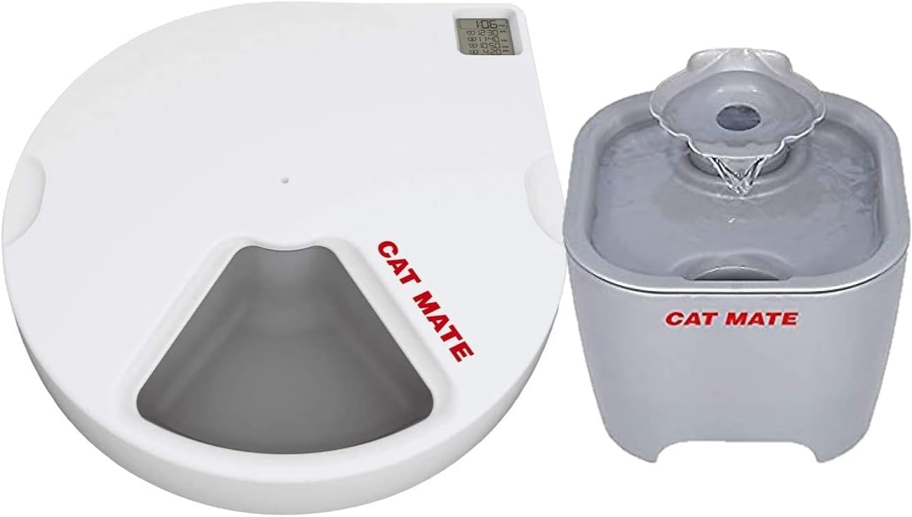 Cat Mate C500 Automatic Pet Feeder for Cats and Dogs BPA-Free w/Ice Packs and Cat Mate Shell Pet Fountain 100 Fl Oz. with Isolated Pump System and 3-Stage Polymer-Carbon Filter Bundle