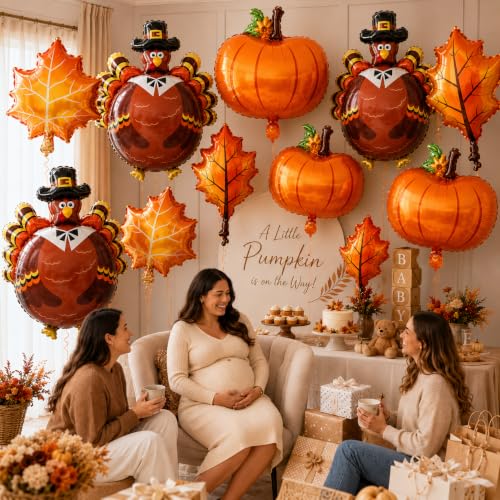 Image of Fall Balloons Thanksgiving Autumn Turkey Pumpkin Maple Leaf Foil Balloons Fall colored Balloon for Thanksgiving Theme Friendsgiving Harvest Baby Shower Birthday Halloween Decorayions