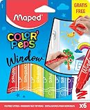 Maped Color'Peps Feutres Window de Coloriage Enfant pour Vitres, Pointe Large 5mm et Encre Effaçable à l'eau - 6 Feutres Assortis Surfaces Vitrées + 1 Chiffon Microfibre 20x20 cm