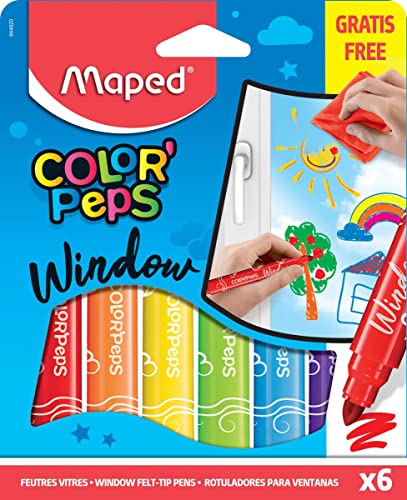 Maped Color'Peps Feutres Window de Coloriage Enfant pour Vitres, Pointe Large 5mm et Encre Effaçable à l'eau - 6 Feutres Assortis Surfaces Vitrées + 1 Chiffon Microfibre 20x20 cm