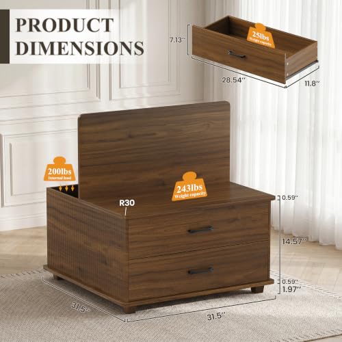 Image of MALOL Storage Coffee Table with 2 Drawers & Flip-Top Lid with Hidden Storage, Modern Fluted Wood Coffee Table, Solid Wood Legs, Square Center Table for Living Room, Walnut