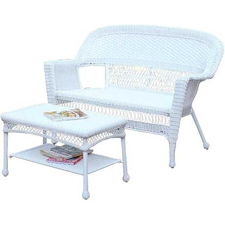 White Wicker Patio Love Seat and Coffee Table Set without Cushion, White