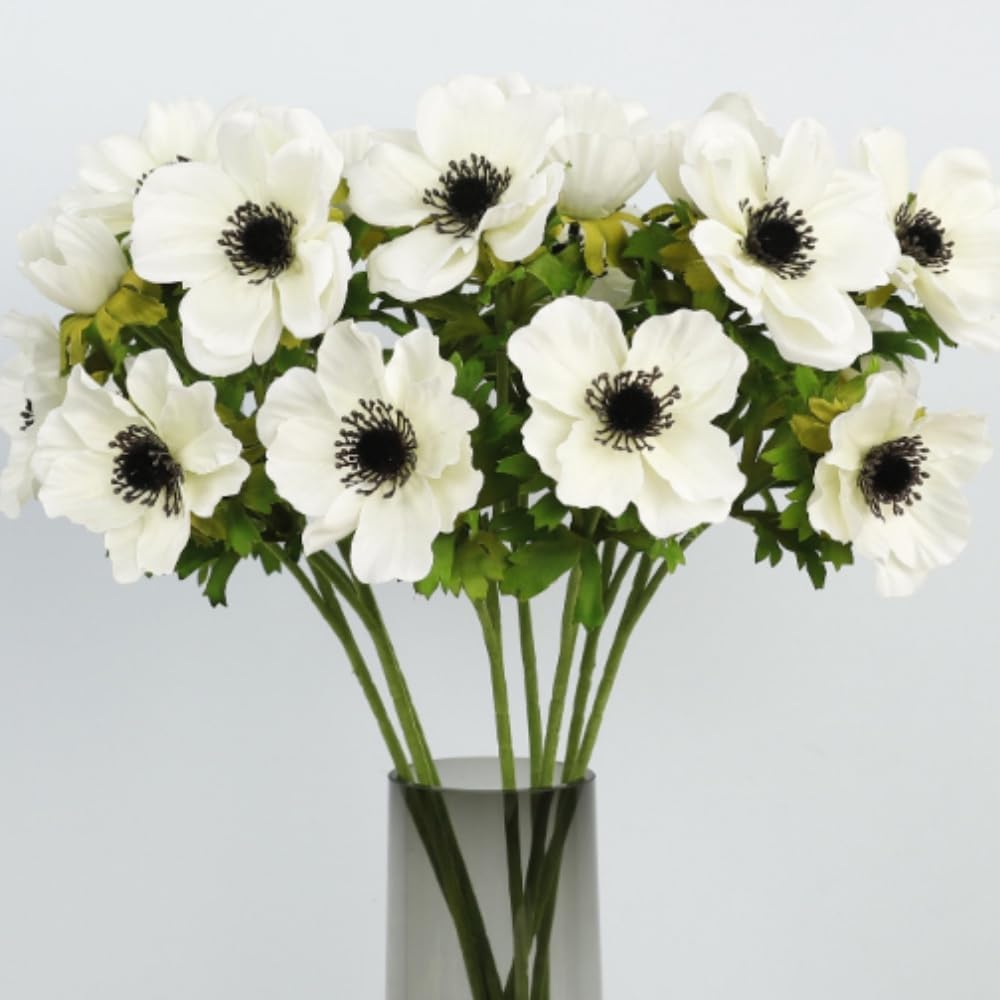 White Artificial Anemone Flowers 21.6" Faux Flowers Silk Flowers with Stems Realistic Fake Flowers for Decoration Faux Anemone Artificial Flowers Bulk fo Home Wedding Bouquet 3pack