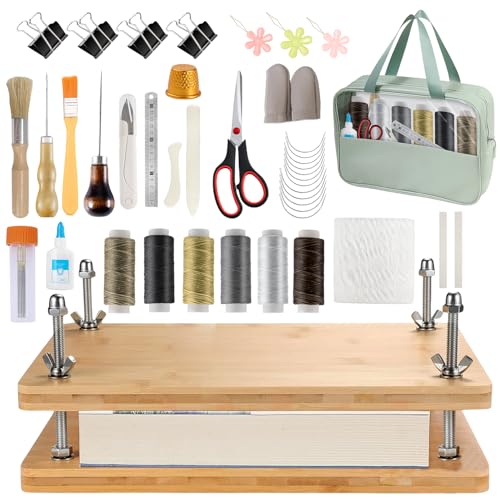 56 Pcs Bookbinding Supplies Kit –6-Color Thread Needles, Awl, Scoring Folder, Book Cloth & Storage Bag, 11.6 x 7.8 Inch Book Repair Kit, Wooden Bookbinding Press for DIY BookRepair, Handmade Crafs