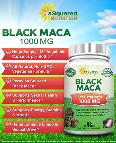 Black Maca Root - 180 Capsules - Max Strength 1000Mg Per Serving - Gelatinized Maca Root Extract Supplement From Peru - Natural Pills To Support Health & Pure Energy - Non-Gmo #TOP1