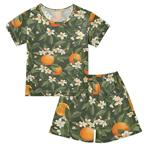 ALAZA Orange Flower Blossom Leaf Pajamas Short Sleeve 2 Piece Sleepwear Top and Bottom Pajama Set Unisex