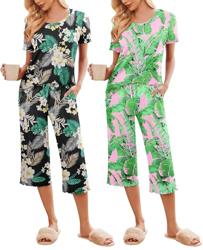 Image of Ekouaer 2 Pack: Women's Pajamas Set Short Sleeve Sleepwear Capri Pants Pjs Soft Loungewear with Pockets