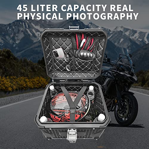 Woshider Motorcycle Top Case, 45L Black Motorcycle Top Box, Aluminum Motorcycle Tailgate Travel Storage Box, Easy-To-Install Universal Bracket Base Plate With Safety Lock Waterproof Motorcycle Trunk(Black, 45L) #TOP4