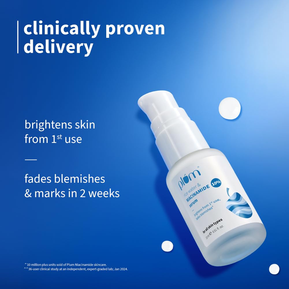 Plum 10% Niacinamide Serum with Rice Water | Provides Clear, Glowing & Brightening Skin | for Acne Prone, Combination, Oily & Sensitive Skin | Oil Control & Anti Acne Face Serum for Women