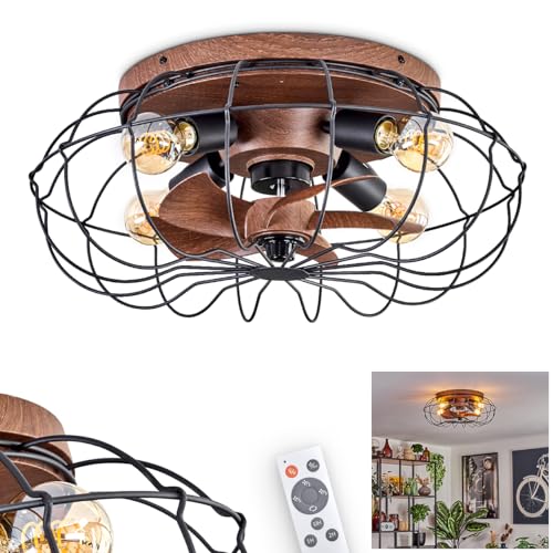 HOFSTEIN Deckenventilator Wemude, Ventilator aus Metall/Kunststoff in Schwarz/Holzoptik mit Fernbedienung u. Auf-/Abwind-Funktion, Deckenleuchte 4-flammig Ø 50 cm, 4 x E27, drei Stufen