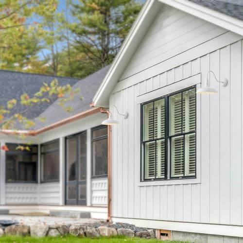 Image of 2 Pack 14in Barn Gooseneck Lights for House, White Outdoor Farmhouse Wall Light Fixture for Porch, Exterior Patio Wall Sconce for Front Door, Garage
