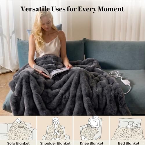 Image of IUUI Electric Heated Blanket Throw 50''x60'',Luxury Faux Rabbit Fur Heating Throw Blankets,Fast Heating with 1 /2 /4 /6 /8 /10 Hours,Overheat Protection, Quick Heating, Memory Function, Gifts for Women