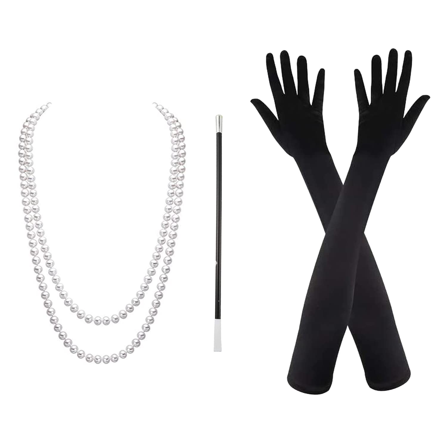 Set De Accesorios Vintage De Los Años 20 – Collar De Perlas De 150cm, Guantes Largos De Satén Y Portacigarrillos, Ideal Para Fiestas Temáticas De Gatsby