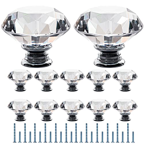 Furniware Clear Crystal Door Knobs 12 Pcs 50mm Crystal Glass Door Drawer Knobs Diamond Cut Drawer Handles with 3 Sizes Screws for Cupboard Cabinet Wardrobe Home Decorating