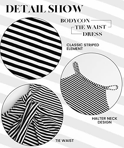 Image of NOLLSOM Women Casual Sleeveless Striped Tank Midi Dresses Halter Neck Ruched Bodycon Dresses Tie Waist T Shirt Summer Dress