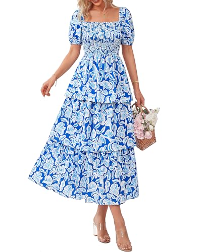 Image of BTFBM Womens Floral Smocked Summer Maxi Dresses | Square Neck Puff Short Sleeve Ruffle Tiered, 2026 Trendy Casual Sundress, Cruise Holiday Beach Vacation Wedding Guest Dress