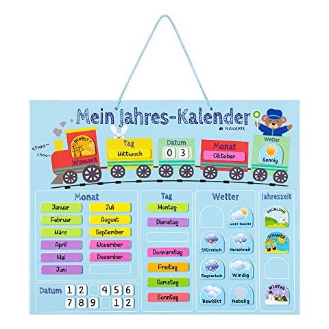 Navaris Kalender Tafel für Kinder - Lerntafel Jahreszeiten Uhr - Magnet Spiel Lernuhr - Kinderkalender Jahreskalender - magnetisch - blau - deutsch Cover
