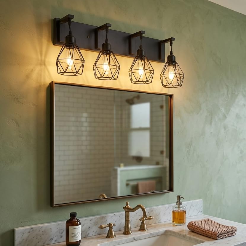 Image of Somniferous 4 Light Bathroom Vanity Light, Farmhouse Bathroom Light Fixtures Over Mirror, Black Vanity Light with Caged Metal Shade, Rustic Wall Light Fixture for Bedroom, Living Room, E26 Socket