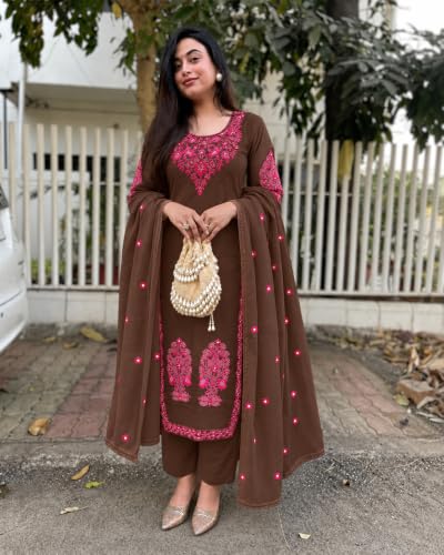 Image of ANNI Designer Women's Rayon Viscose Embroidered Straight Kurta with Pant & Dupatta