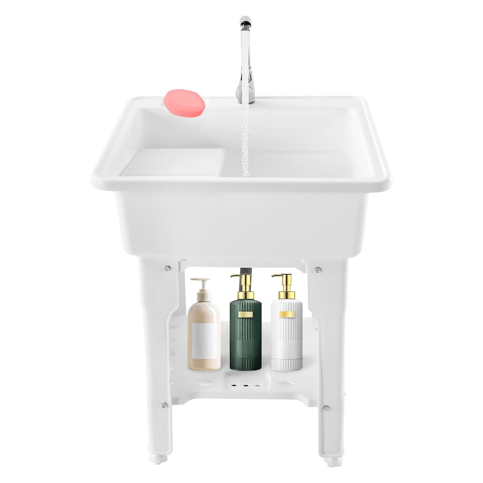 WBJGUOD Utility Sink Laundry Tub with Storage Shelf and Washboard, 360° Rotatable Faucet Freestanding Plastic Room for Washing Basement Garage Garden
