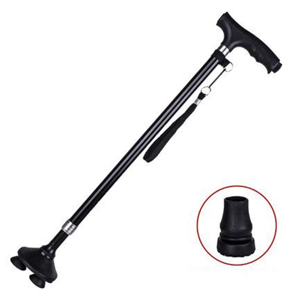 MObyat Andador para Ancianos,Bastón, Práctico con Luces LED Bastón Ligero Ajustable Retráctil De Aleación De Aluminio, Bastón Portátil con Mango Ergonómico, Base Antideslizante Cuatro Pies Negro