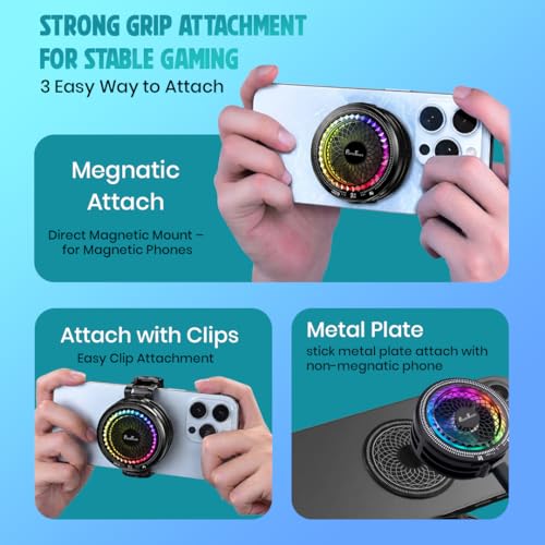 Image of PunnkFunnk Phone Cooler for Gaming, 5000 RPM 7-Blade Fan, RGB Light, Semiconductor Cooling Chip, Type-C Powered, LED Display, Clamp Mount Mobile Cooling Fan for Android & iOS (Black)