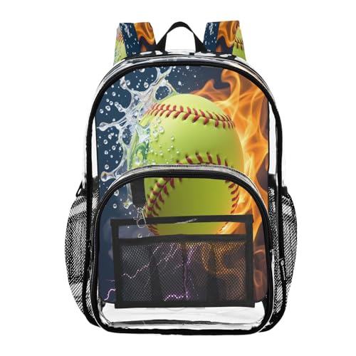 Green Baseball Fire Ball Water Clear Backpack Heavy Duty See Through Transparent PVC BookBag for Kids Boy Girl School Work