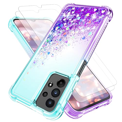 for Samsung Galaxy A13 4G Case with Screen Protector*2, Clear Liquid Sparkle Glitter Floating Quicksand Phone Case, Soft TPU Bumper Shockproof Protective, A13 Case for Women Girls, Blue/Purple