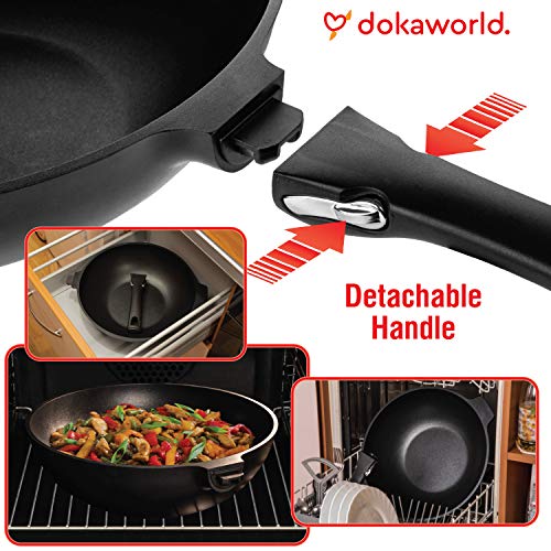Dokaworld Aluminum Nonstick Wok 12 In - Woks And Stir Fry Pans - Non-Stick Wok - Wok Pan Detachable Handle - Large Cooking Wok Frying Pan - Flat Bottom Wok - Induction Wok - Stir Fry Wok #TOP2