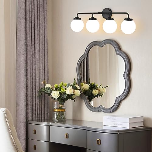 Image of Bathroom Light Fixtures 30.7in 4-Light Matte Black Vanity Lights for Mirror | Bathroom Lighting Fixtures over Mirror, ETL, Brushed Brass Wall Sconce, Dimmable E12 Base Max 60W, Milky Glass Ball Shades