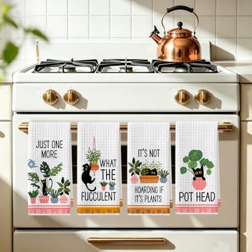 Image of Hanamiya Na 4 Pcs Funny Cat Kitchen Towels, Plant Lover Gifts for Women Gardener Mom, Reusable Waffle Hand Towels for Bathroom Kitchen Home Farmhouse Decor, Cat Lover Gifts for Women, 24x14 Inch