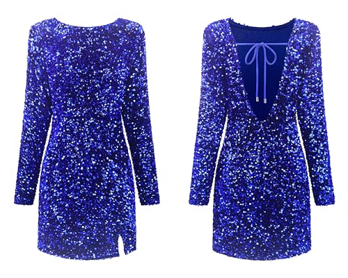 Image of R.Vivimos Women's Sequin Bodycon Dress Fall Winter Velvet Warm Long Sleeve Crew Neck Sexy Backless Glitter Slit Mini Dress