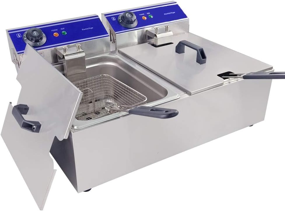 TAIMIKO Commercial Electric Deep Fryer Stainless Steel Tanks With Lid Easy Clean Home and Commercial Use Countertop Kitchen Fat Fryer Machine for French Fries (Double Tanks,6L+6L)