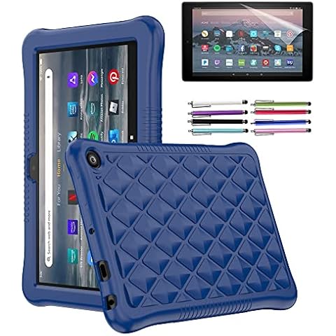 EpicGadget Case for Amazon Fire 7 Tablet (12th Generation, 2022 Released) - Soft Lightweight Diamond Grid Protective Silicone Cover Case + 1 Stylus and 1 Screen Protector (Navy Blue) Cover