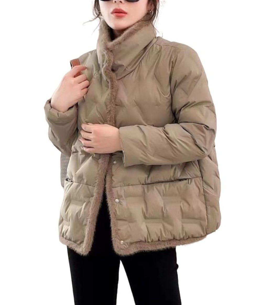 BROLEO Chaqueta Acolchada para Mujer,Chaqueta De Plumón con Cuello Alto De Piel Sintética Corta,Ligera Y Cálida,Ropa De Abrigo con Bolsillo,Chaqueta Aislante,Trabajo Al Aire Libre,Regalos para Damas