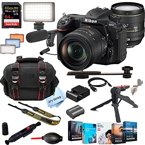 Al's Variety - NIkon Intl D500 DSLR Camera Kit with 16-80mm VR Lens | Built-in Wi-Fi|20.9 MP + Shot-Gun Microphone LED Always on Light+ 64GB Extreme Speed Card, Gripod, Case (26pc Video Bundle)
