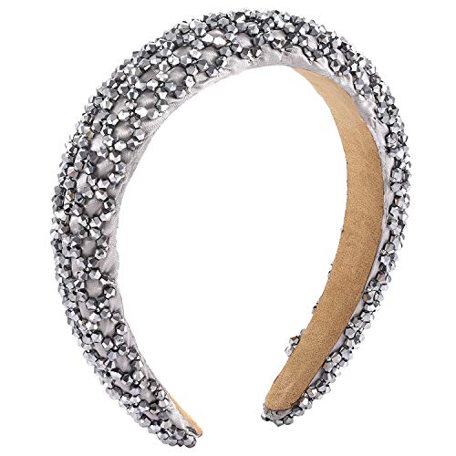 NLCAC Beaded Padded Headband Glass Crystal Embellished Headband Hairband (Silver)