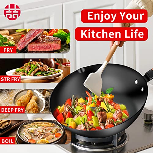 Wangyuanji Carbon Steel Wok Pan, 11" Flat Bottom Woks And Stir Fry Pans With Lid,No Chemical Coated Traditional Wok For Induction, Electric, Gas, Halogen All Stoves-Practical Gift #TOP2