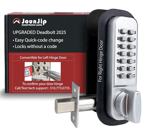 JOUNJIP Mechanical Deadbolt Lock - Keyless Entry Door Lock - Code NOT Required When Locking 100% Mechanical with Flat Spindle Thumb Turn Door Knob - Satin Chrome [Upgraded 2025]