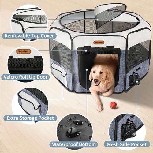 Image of Seiyierr Dog Playpen, Portable Pet Play Pen Foldable Carrying Case, Puppy Pens Outsid for Small Cat Indoor /Outdoor, Removable Mesh Shade Cover