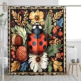 Herbst-Marienkäfer-Ahornblatt-Duschvorhang-Set, ästhetischer Insekten-Duschvorhang, lustige Retro-Badezimmer-Dekoration, Bad-Polyesterstoff, dekorativ, 183 x 183 cm