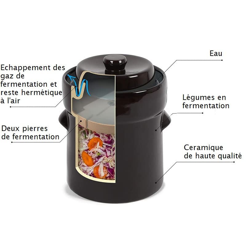Pot à choucroute pour la lacto-fermentation en grès avec poids en pierre et couvercle - environ 3 choux- emballage sécurisé - couleur Marron 3L