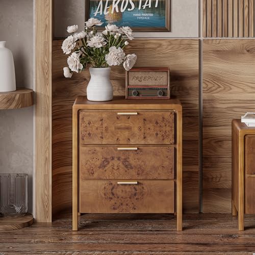 COZAYH Farmhouse Nightstand with 3 Drawer, Distressed Wood Rustic Accent Dresser, Burl Finish Bedside Table for Bedroom, Entryway, Fully Assembled, Brown