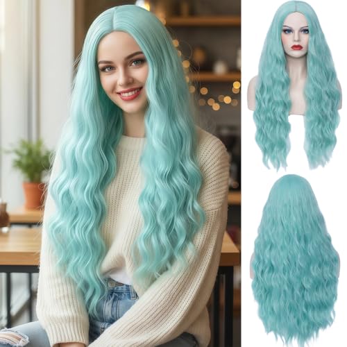 WGPFWIG Women's Mint Green Wig 27 Inches Long Curly Wavy Hair Wig Heat Resistant Fibers Synthetic Wig For Women Girl Cosplay Party Halloween Wig Cap Included (Mint Green-B)