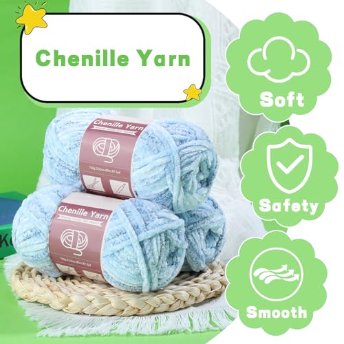 Image of LUNARM Chenille Yarn for Crochet Knitting Chunky Blanket Velvet Yarn | 3 Pack 3.5oz /100g 263 Yard Blue Gradient Chenille Yarn for Beginners Knitting Scarves with Big Eye Needles Machine Washable