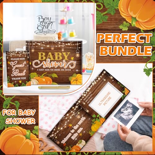 Image of Fuyoooo 27 Pcs Rustic Little Pumpkin Baby Shower Guest Book Baby Shower Sign in Guest Book Reception with Sonogram Page Keepsake Includes Gold Pen Table Card and Adhesive Photo Corner for Birthday
