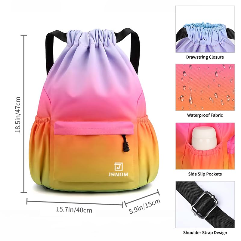 JSNOM Drawstring Gym Bags Waterproof : Large Sports Travel Yoga School Rucksack Backpack with Zip Pocket for Men Women (Rainbow, L) - Image 2